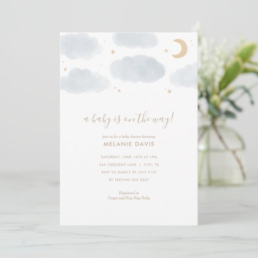 雲と星の青い水の色ベビーシャワー 招待状 (スタンド正面)