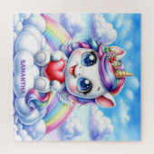 雲と虹の上にハートと可愛いユニコーン ジグソーパズル (横)