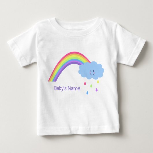 雲と雨滴がデザインされた虹のベビーTシャツ（名前入り） ベビーTシャツ (正面)