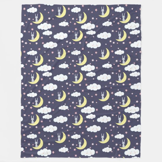 雲にピンクの星々が集まる、かわいいウサギの物語 フリースブランケット (正面)