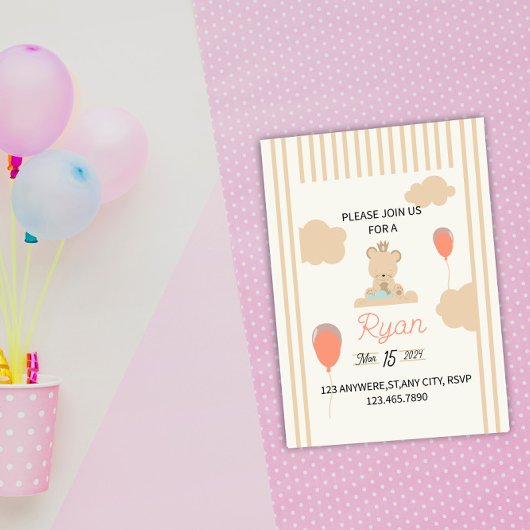 雲に座るかわいいテディベア 招待状