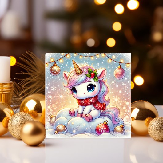 雲に座るユニコーンとクリスマスオーナメント シーズンカード