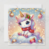 雲に座るユニコーンとクリスマスオーナメント シーズンカード (正面)