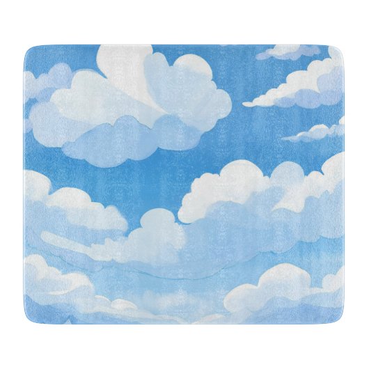 雲に満ちた空 | 水彩画の青空の絵 カッティングボード (正面)