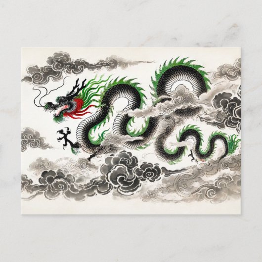 雲に舞う雄大な龍の墨絵 シーズンポストカード (正面)