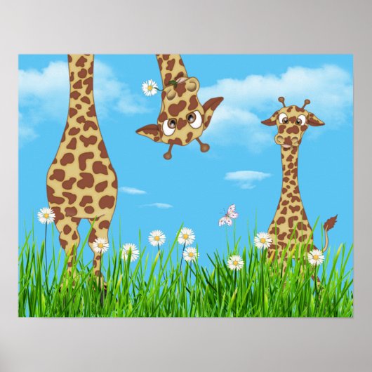 雲に覆われた草の中のキリン ポスター (正面)