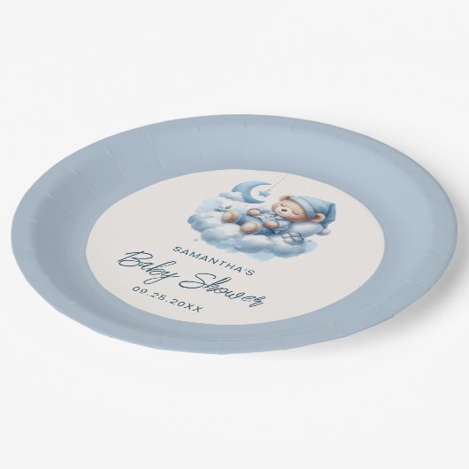 雲に覆われた青い男の子の赤ちゃんシャワーに眠る熊 ペーパープレート (アングル)