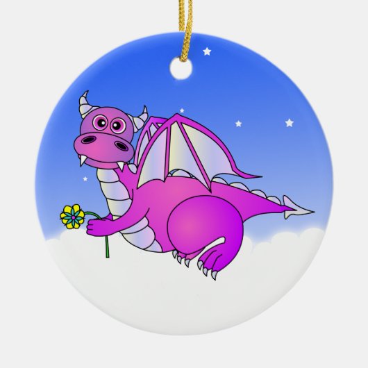 雲のかわいいドラゴンの飛行-青/紫色 セラミックオーナメント (正面)