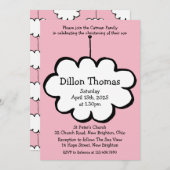 雲のオブジェが付いたピンクの雲の洗礼式・命名式 招待状 (正面/裏面)