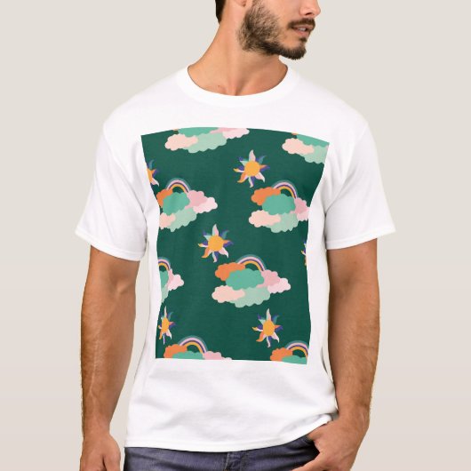 雲のカラフル虹のシームレスなパターン Tシャツ (正面)