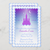 雲のベビーシャワーの紫色の青い夢の城 招待状 (正面/裏面)