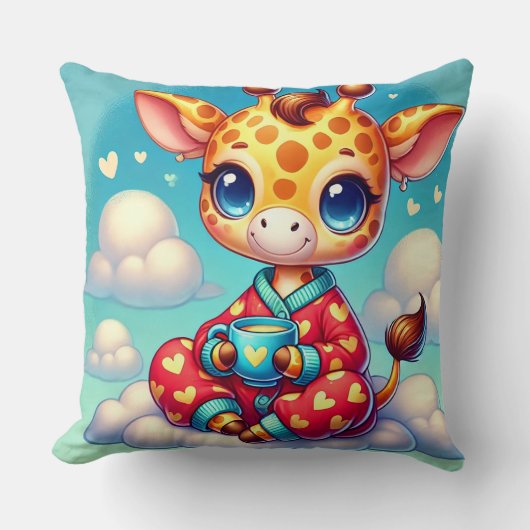 雲の上でくつろぐかわいいキャラクターの赤ちゃんキリン クッション (正面)