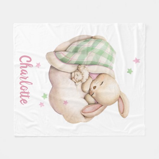 雲の上で眠っている可愛いベビーガールのバニー フリースブランケット (正面(横))
