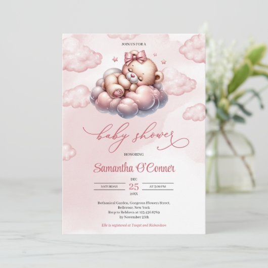 雲の上で眠る可愛い小さなクマ赤ちゃんシャワー 招待状 (スタンド正面)