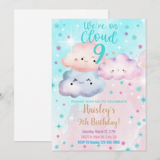 雲の上にいるような気分 女の子の9歳の誕生日招待状 招待状 (正面/裏面)