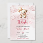 雲の上にかわいい水色ピンクのテディベア 招待状 (正面)