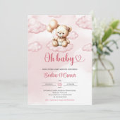 雲の上にかわいい水色ピンクのテディベア 招待状 (スタンド正面)