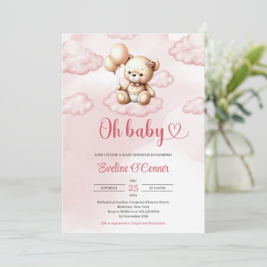 雲の上にかわいい水色ピンクのテディベア 招待状 (スタンド正面)