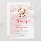 雲の上にかわいい水色ピンクのテディベア 招待状 (正面/裏面)
