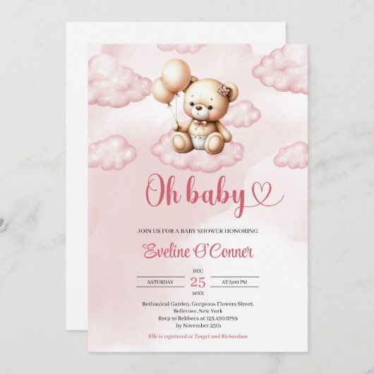 雲の上にかわいい水色ピンクのテディベア 招待状 (正面/裏面)