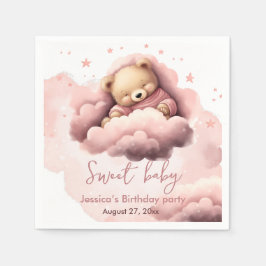 雲の上にピンクのクマベビー誕生日の招待 スタンダードカクテルナプキン