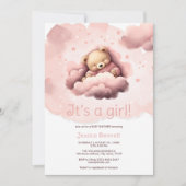 雲の上にピンクのクマ赤ちゃんシャワー招待 招待状 (正面)