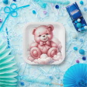 雲の上に座ってかわいいピンクのテディベア ペーパープレート (パーティー)