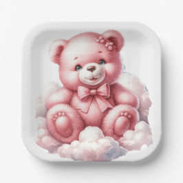 雲の上に座ってかわいいピンクのテディベア ペーパープレート