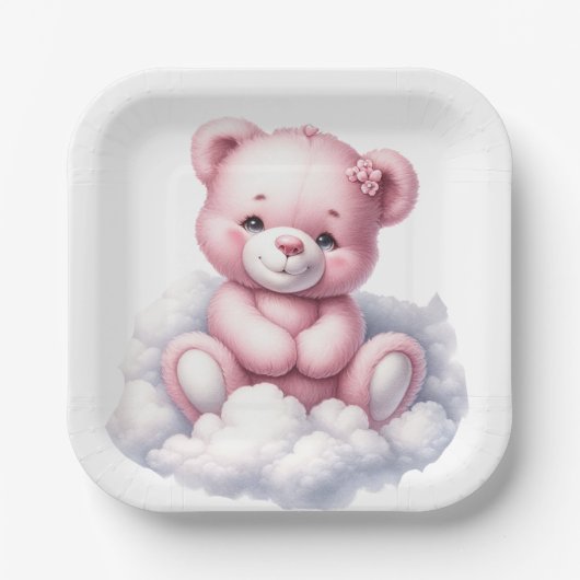 雲の上に座ってかわいいピンクのテディベア ペーパープレート (正面)