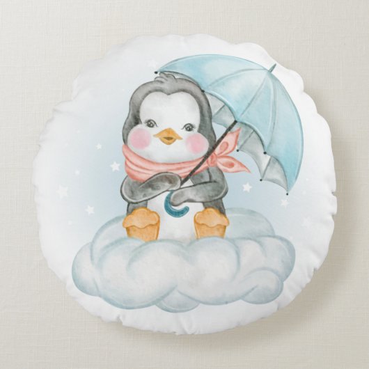 雲の上に座って可愛い小さなベビーペンギン ラウンドクッション (正面)