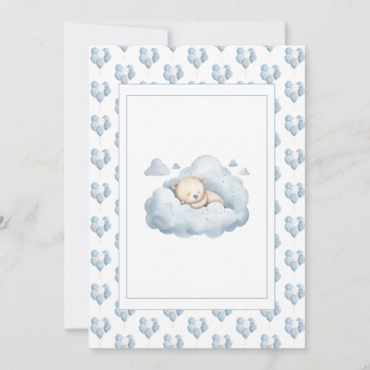 雲の上に青いクマの水色の男の赤ちゃんシャワー 招待状 (裏面)