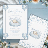 雲の上に青いクマの水色の男の赤ちゃんシャワー 招待状