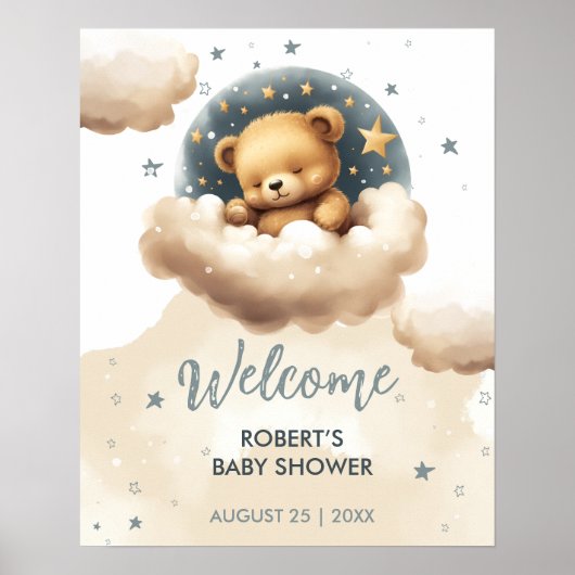 雲の上に青いクマ赤ちゃんシャワーの招待 ポスター (正面)
