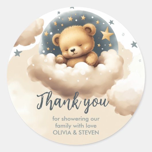 雲の上に青いクマ赤ちゃんシャワーの招待 ラウンドシール (正面)