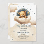 雲の上に青いクマ赤ちゃんシャワーの招待 招待状 (正面/裏面)