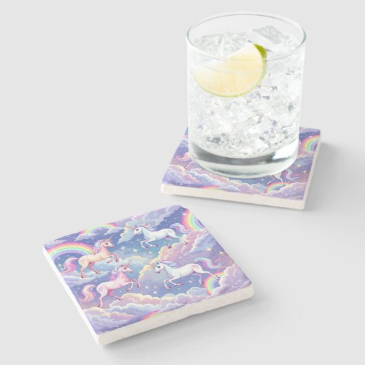雲の上のきらめく虹とユニコーン ストーンコースター (横)