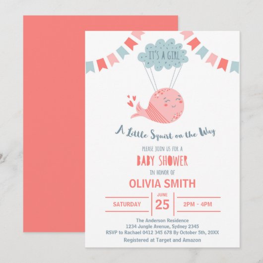 雲の上のピンクのくじらが飛ぶ 女の子のかわいいデザイン  I 招待状 (正面/裏面)