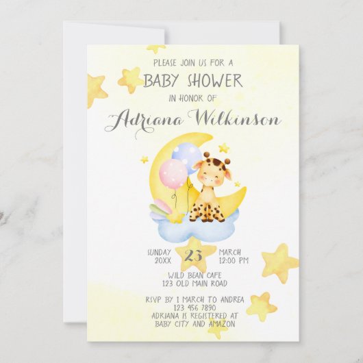 雲の上の可愛いキリン女の子の赤ちゃんシャワー 招待状 (正面)