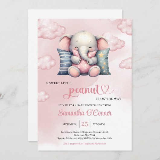雲の上の甘い小さな落花生のかわいい象 招待状 (正面/裏面)