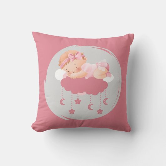 雲の上の眠る赤ちゃんの女の子 - ピンクのクッションカバー クッション (正面)
