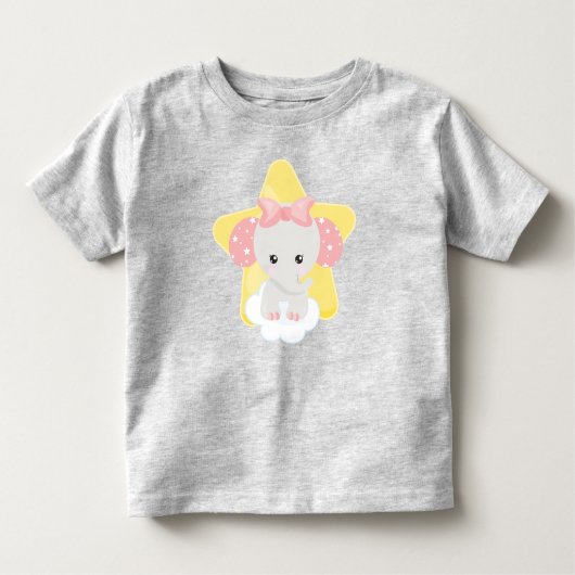 雲の上の象，かわいい象，星，リボン トドラーTシャツ (正面)