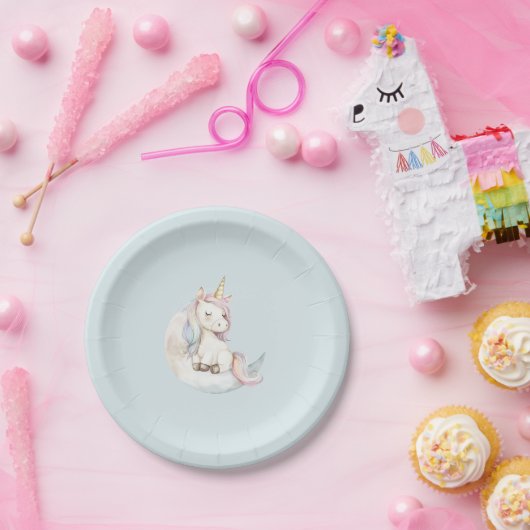 雲の上の青いユニコーンの誕生日 ペーパープレート (パーティー)