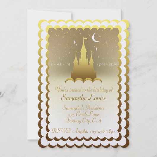 雲の上の黄金の夢の城の誕生日 招待状 (正面)