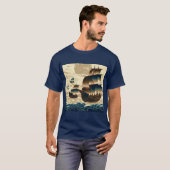 雲の上を航行する飛行船 – Woodcut 2 Tシャツ (正面フル)