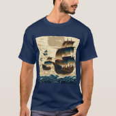 雲の上を航行する飛行船 – Woodcut 2 Tシャツ (正面)