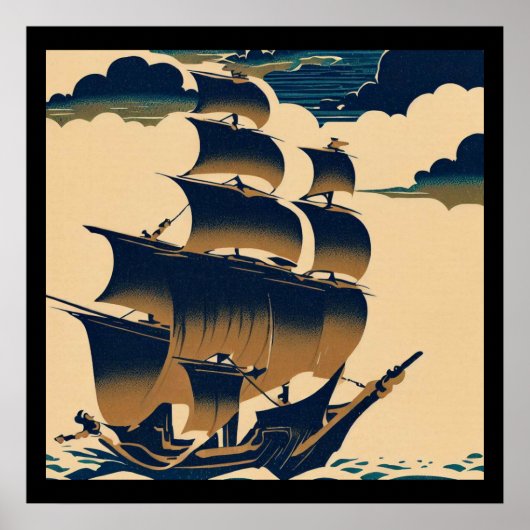 雲の上を航行する飛行船 – Woodcut 3 ポスター (正面)