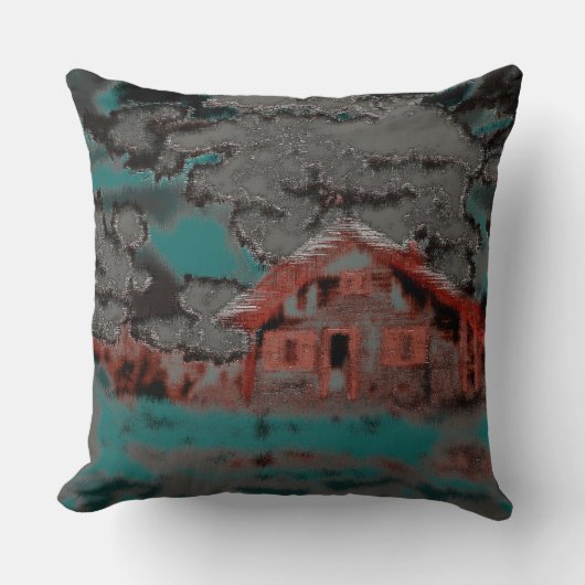 雲の下で霧雨の動きの古い粘土の家 クッション (正面)
