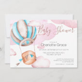 雲の中の青い熱気球ベビーシャワー 招待状 (正面)