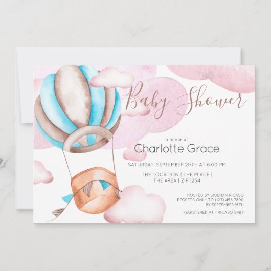 雲の中の青い熱気球ベビーシャワー 招待状 (正面)
