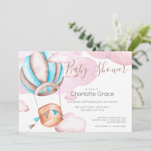 雲の中の青い熱気球ベビーシャワー 招待状 (スタンド正面)